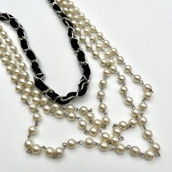 Multi-Strand Faux Pearl Necklace Black Ribbon & Silver Chain Layered Statement - Picture 3 of 5